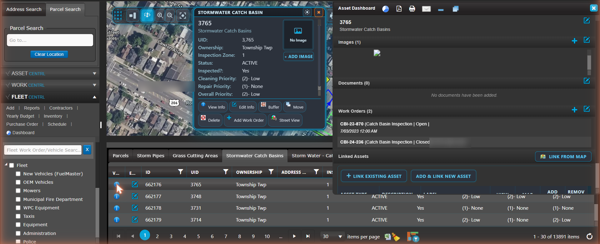 Asset Centrl — a Stormwater Catch Basin record open with the asset dashboard, work orders, documents, images, and linked assets