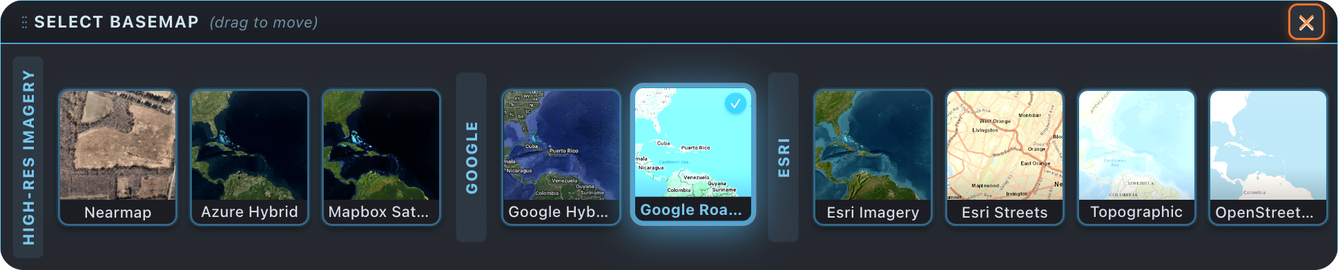 TRAISR basemap selector — switch between multiple map views.