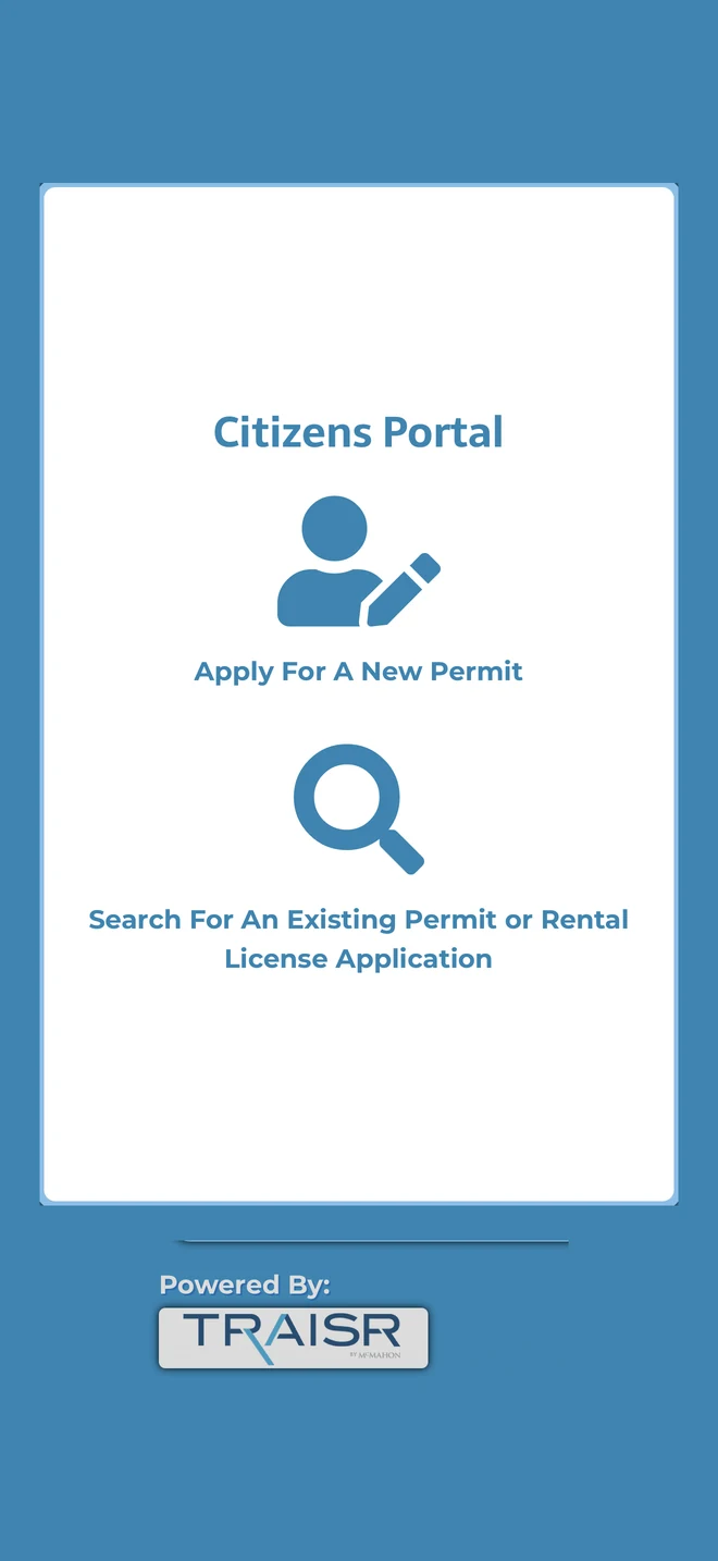 CITIZEN CENTRL resident portal on a phone — apply for a permit or search an existing one — illustrative example.
