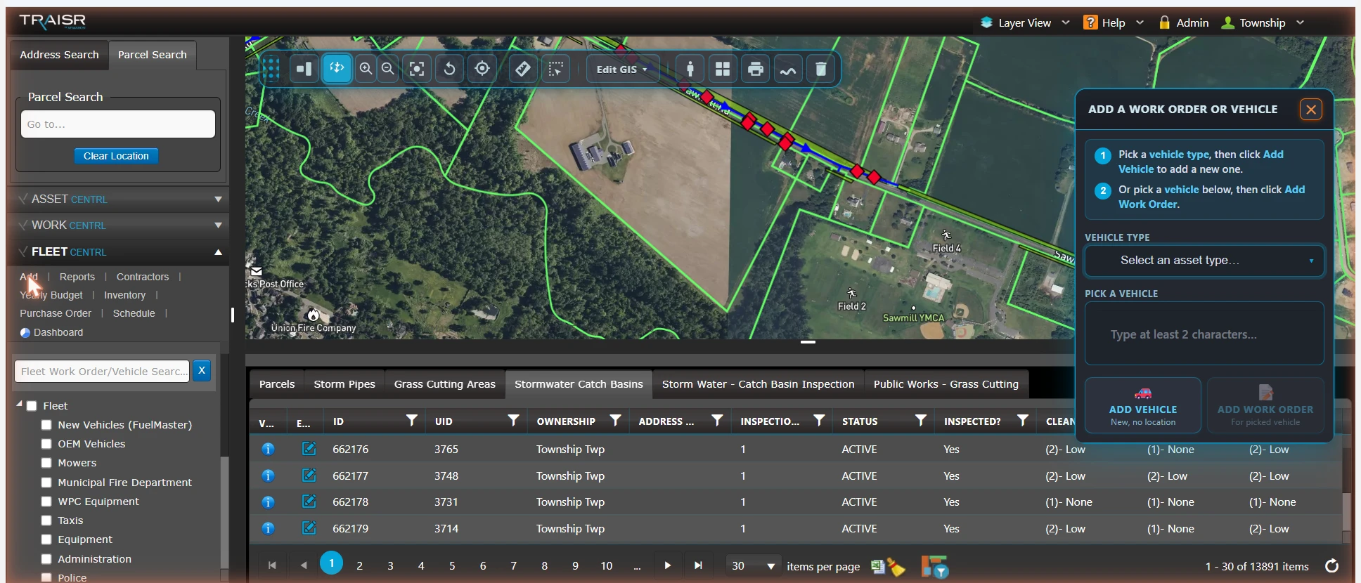 Fleet Centrl add-vehicle panel over the municipal GIS map &mdash; illustrative example.