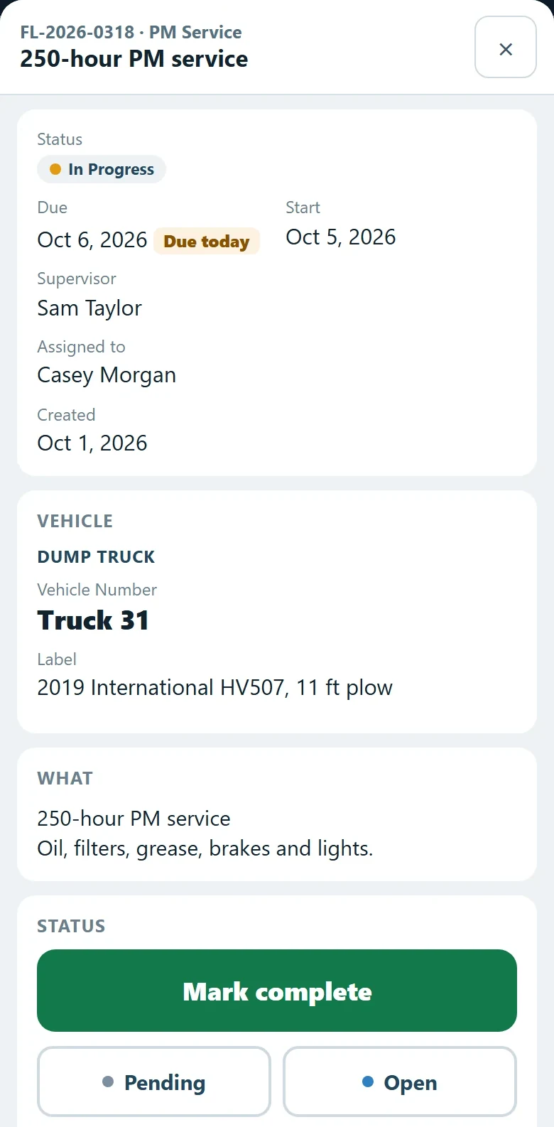 A fleet work order on a phone — FL-2026-0318, 250-hour PM service on Truck 31, due today, with the status buttons — illustrative example.