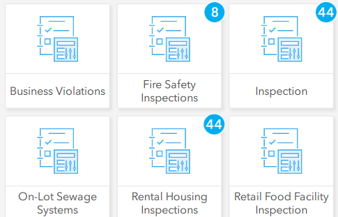 Illustrative mobile inspection app view — a gallery of inspection types (business violations, fire safety, on-lot sewage, rental housing, retail food facility) ready to complete in the field.