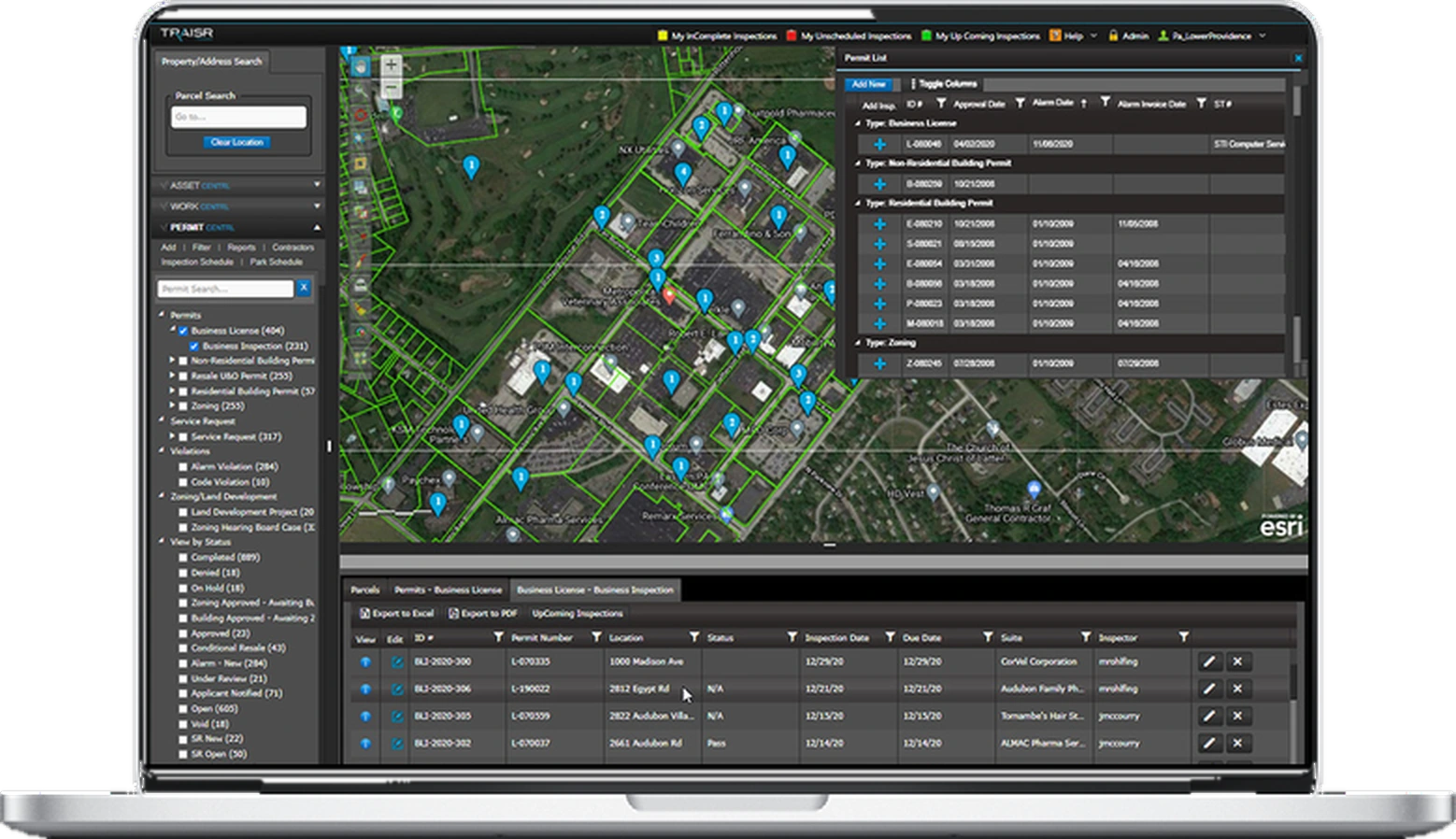 TRAISR on a laptop — ASSET, WORK and PERMIT CENTRL on one GIS map — illustrative example.