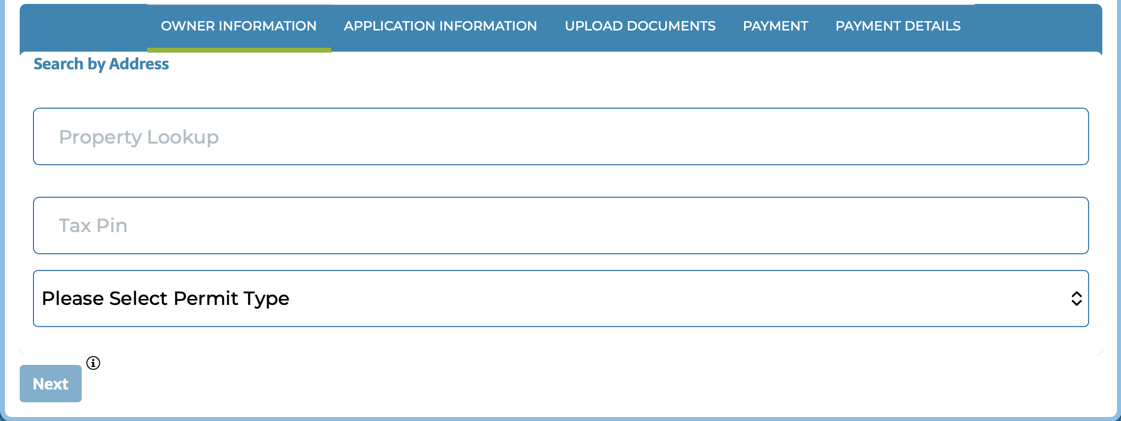 Permit Centrl &mdash; the resident permit application open in a browser: step tabs (Owner Information, Application Information, Upload Documents, Payment), Search by Address, Property Lookup, Tax Pin, and permit-type fields