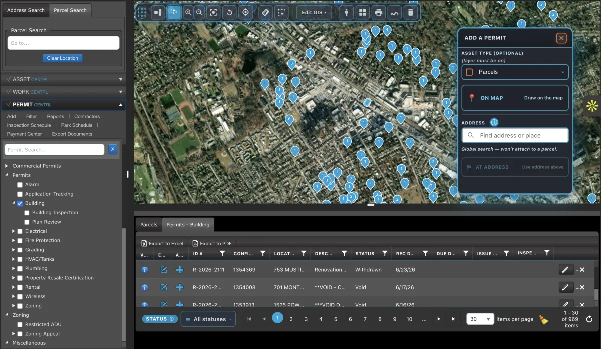 TRAISR Permit Centrl map and permit dashboard — illustrative example.