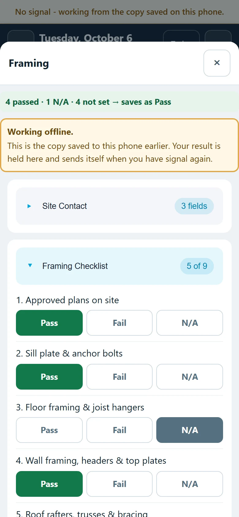 The same inspection with no signal — a Working offline notice; the result is held on the phone and sends itself when signal returns — illustrative example.