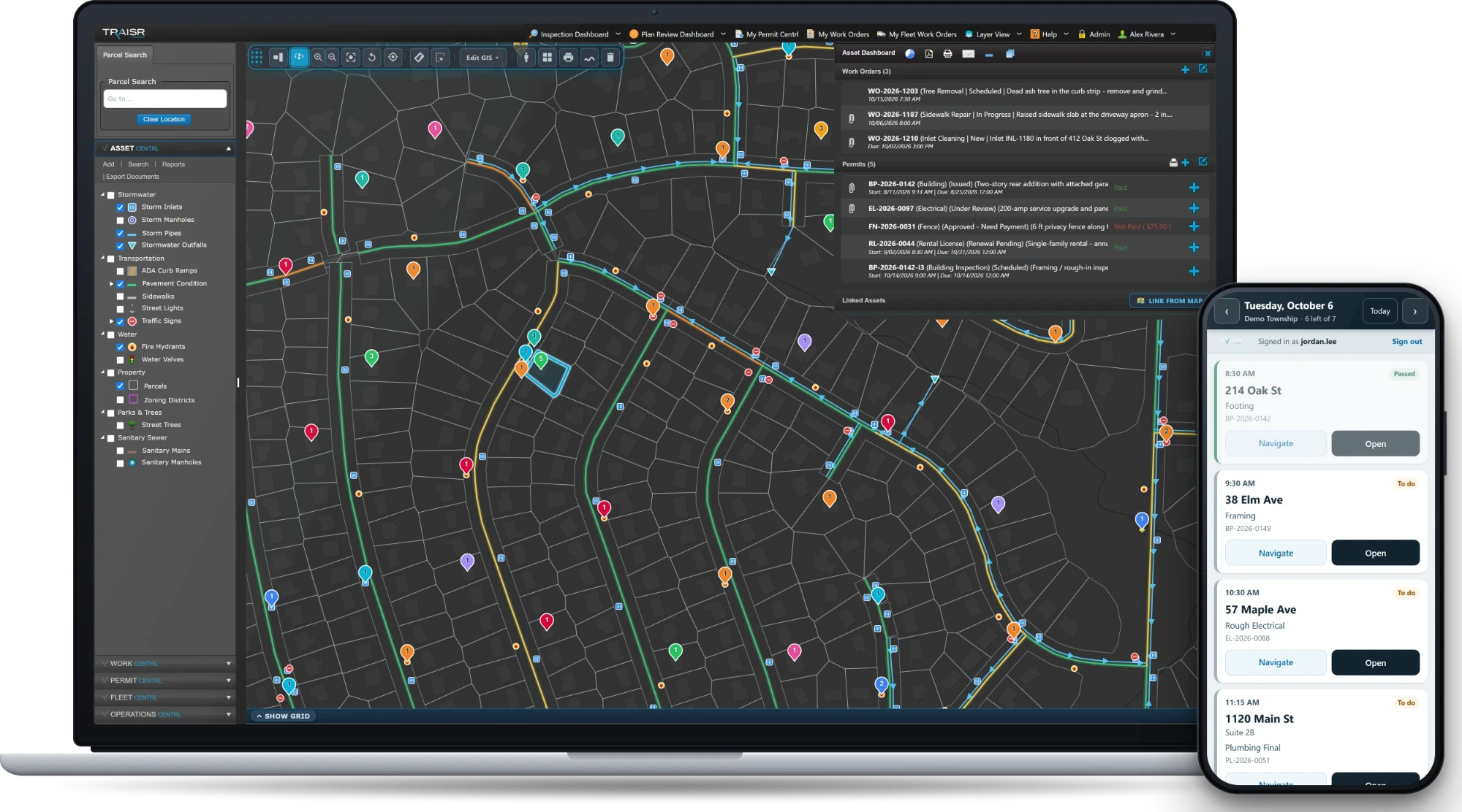 TRAISR on a laptop and a phone — the GIS map with work orders and permits at the desk, the day's inspections in the field — illustrative example.