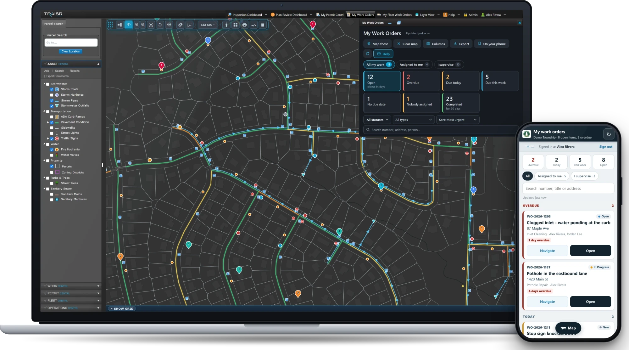 WORK CENTRL — the work-order dashboard on the map at the desk, the crew's list on a phone in the field — illustrative example.