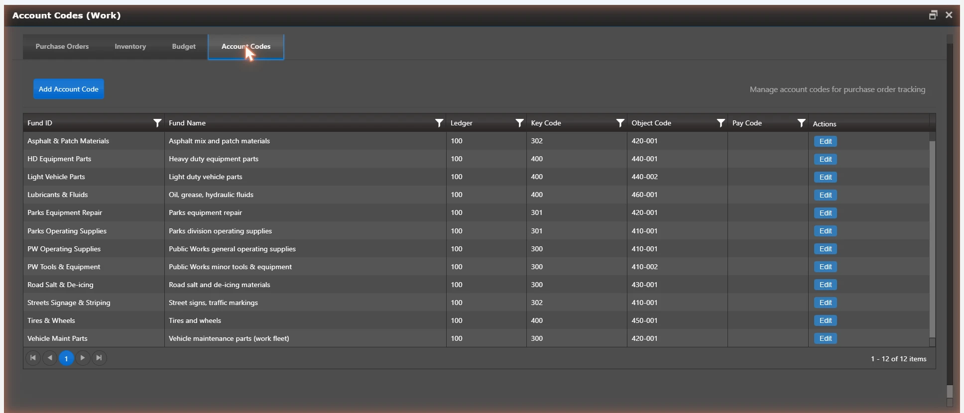 Account codes — fund IDs mapped to ledger, key, and object codes for PO tracking — illustrative example.