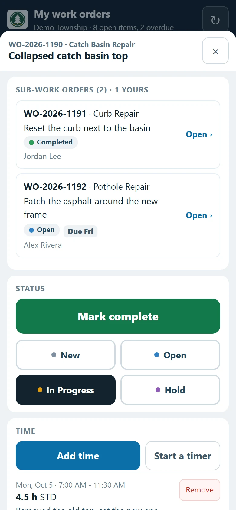 A work order on a phone — its sub-work orders with assignee and status, and one-tap status buttons — illustrative example.