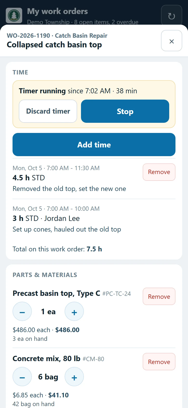 The same work order on a phone — a running timer, logged time entries, and parts drawn from inventory with cost — illustrative example.